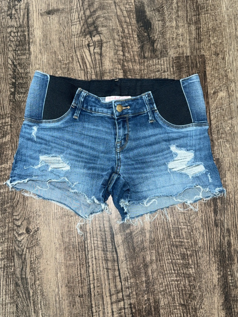 Source Unknown Blue Distressed Maternity Jean Shorts with Black Stretch Panel